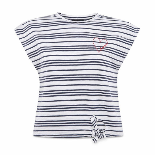 Front view of Papaya women’s white striped polyester basic blouse, size UK 8, crew neck