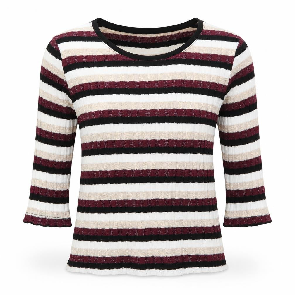 Front view of FF girls’ multicoloured round neck striped polyester jumper, size 10-11, years pullover