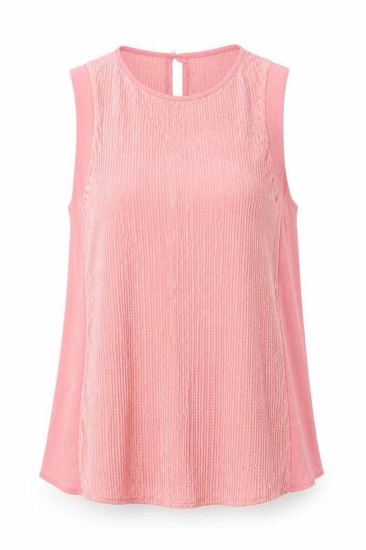 Front view of Dunnes women’s pink polyester basic tank, size UK 12, round neck