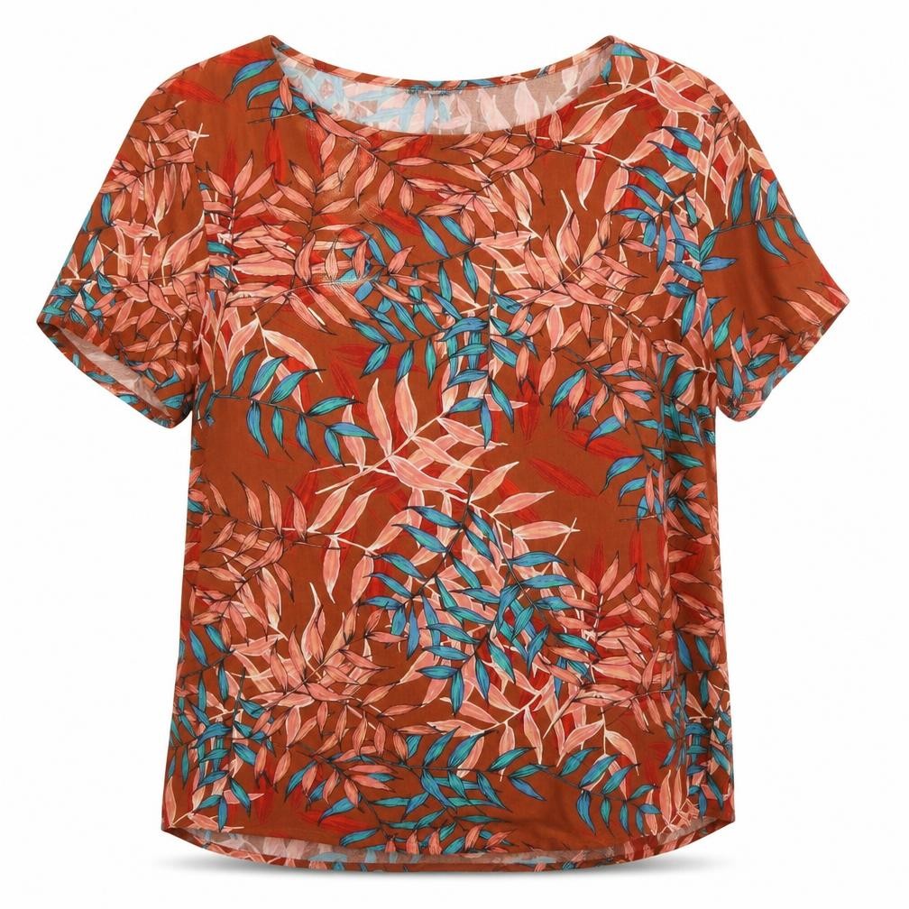 Front view of Woolworths women’s brown floral viscose basic blouse, size UK 16, round neck