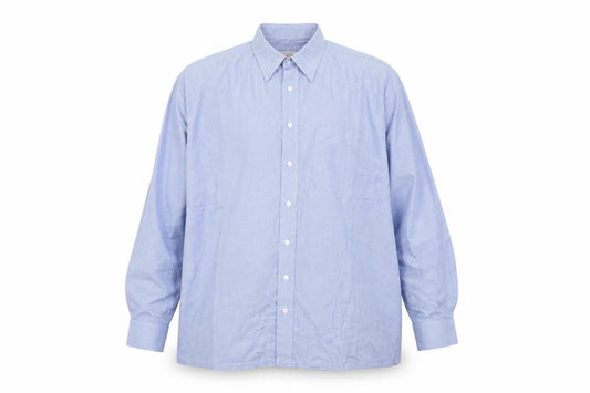 Front view of Ming Dynasty men’s blue check cotton button-up, size XL, collared button