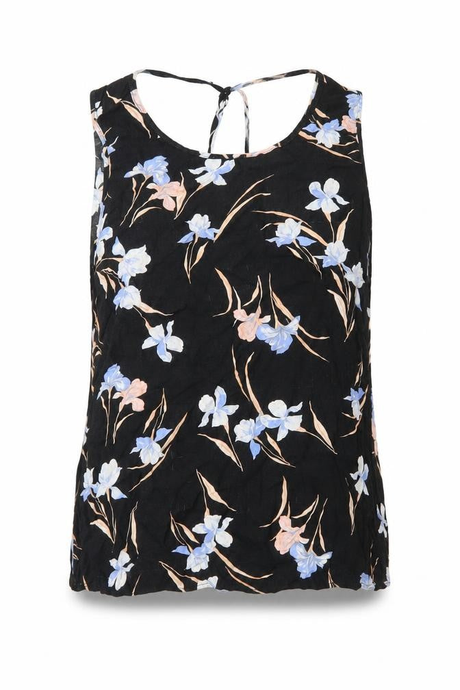 Front view of F&F women’s black floral viscose basic blouse, size UK 14, v-neck