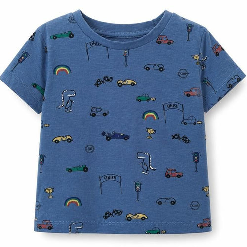 Matalan Boys Blue Geometric Cotton Basic T-Shirt Size 12-18 Months Crew Neck Pullover - Cars
