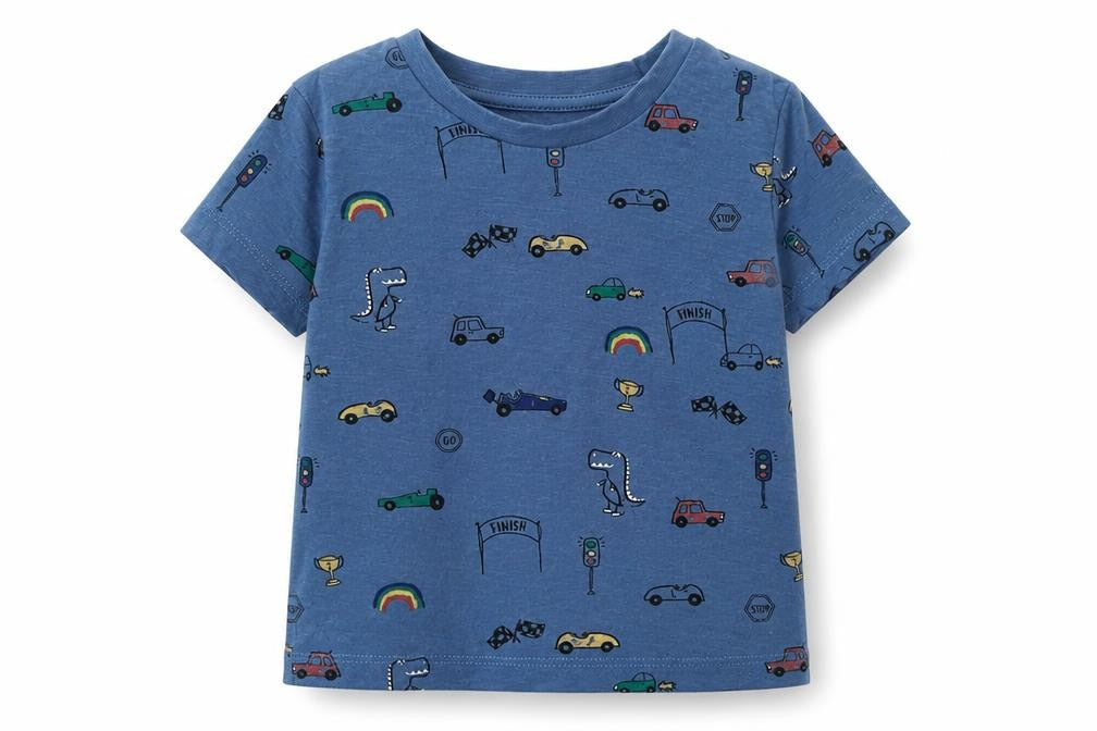 Matalan Boys Blue Geometric Cotton Basic T-Shirt Size 12-18 Months Crew Neck Pullover - Cars
