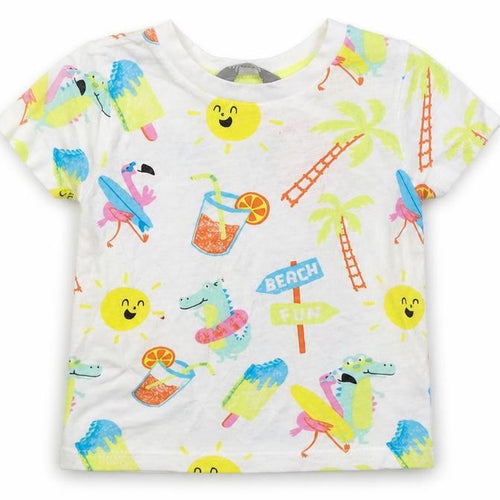 Primark Girls White Geometric Cotton Basic T-Shirt Size 18-24 Months Crew Neck Pullover - beach print