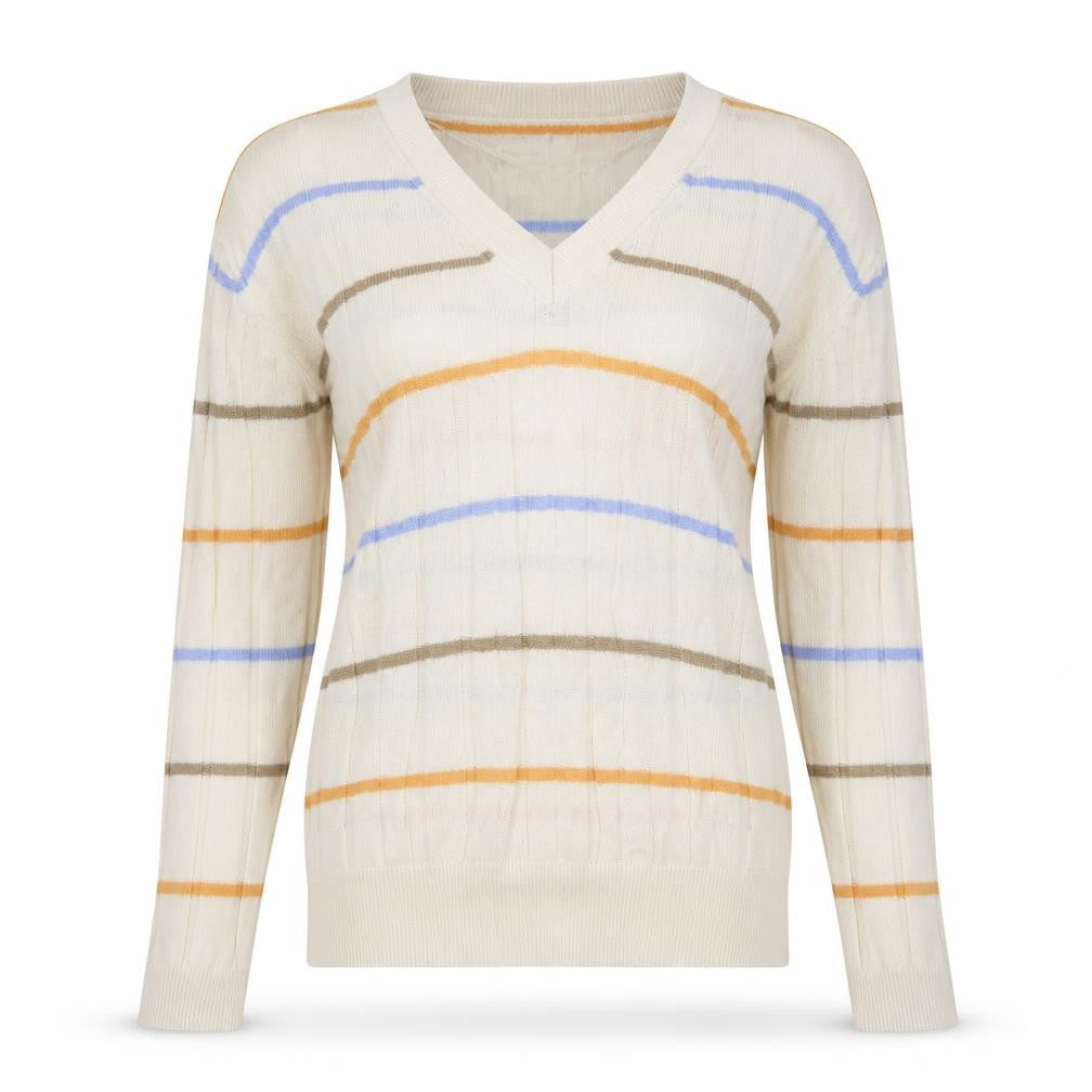 Front view of Marks & Spencer women’s beige striped viscose pullover sweatshirt, size S, pullover