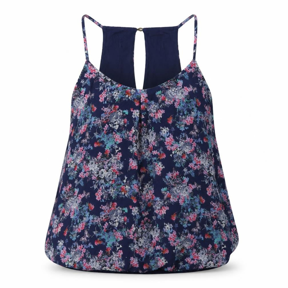 Front view of Oasis women’s purple floral polyester basic tank, size S, scoop neck