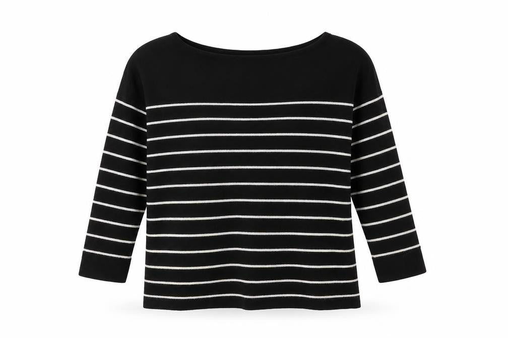 Front view of H&M women’s black striped viscose pullover sweatshirt, size S, pullover