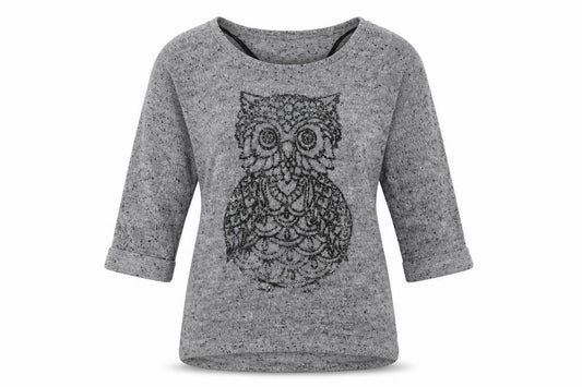 Front view of New Look women’s grey animal print polyester pullover sweatshirt, size UK 12, pullover - owl