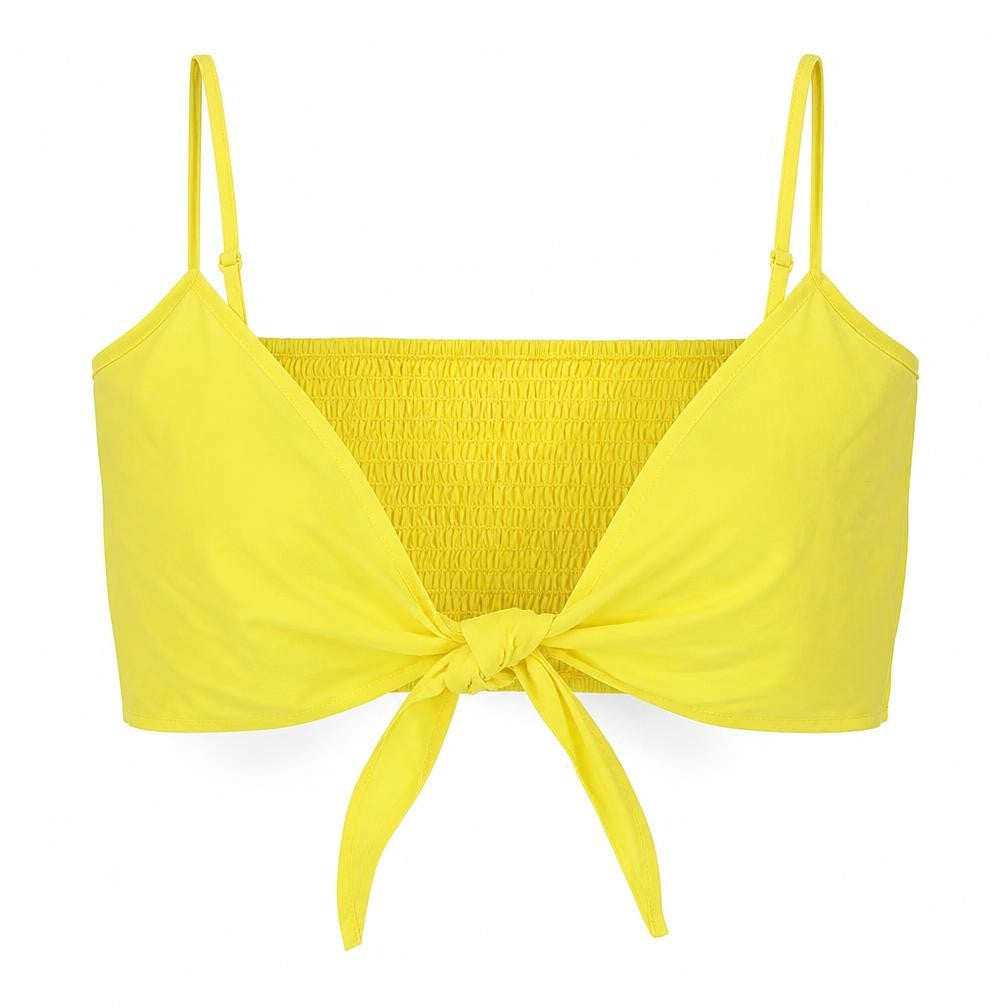 Front view of Boohoo women’s yellow polyester cropped tank, size UK 12, v-neck