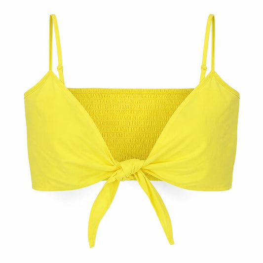 Front view of Boohoo women’s yellow polyester cropped tank, size UK 12, v-neck