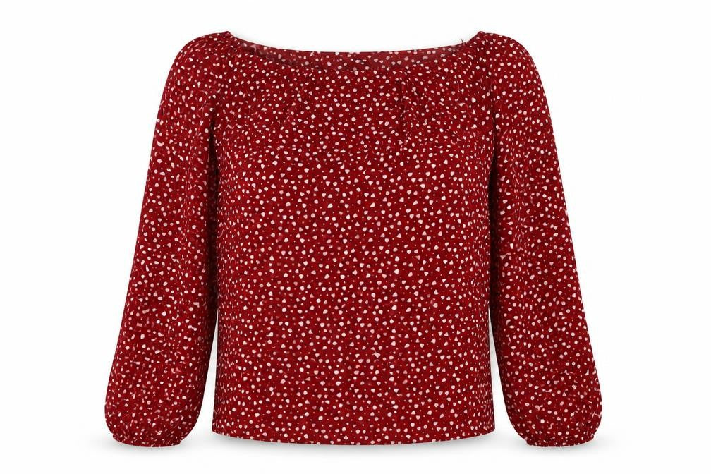 Front view of SHEIN women’s red polka dot polyester basic blouse, size L, off the shoulder - heart print