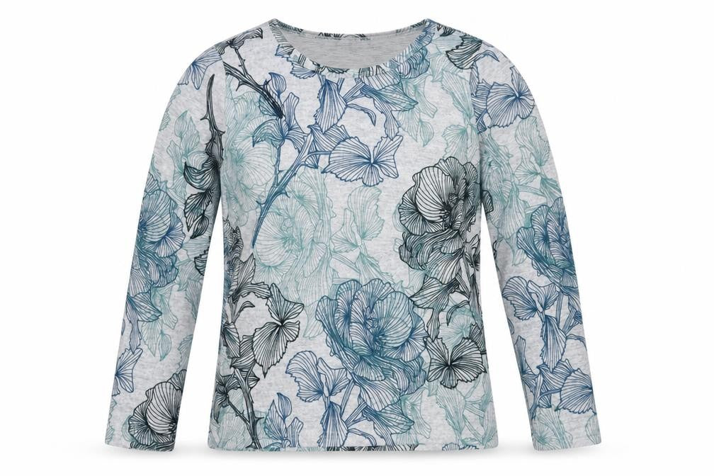 Front view of Anna Rose women’s grey round neck floral polyester jumper, size M