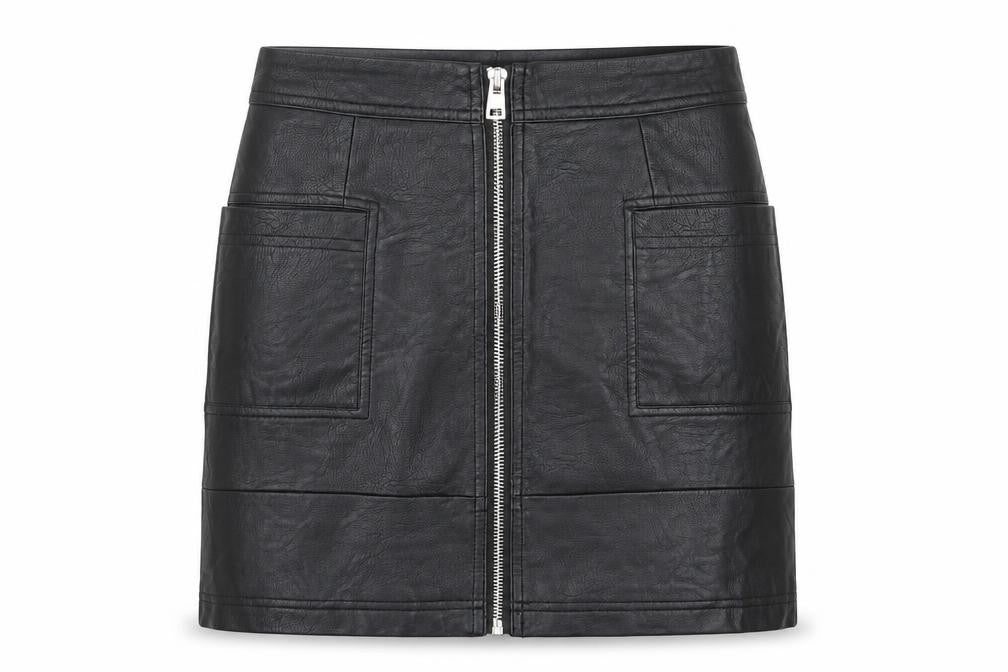 Front view of Topshop women’s black polyurethane mini skirt, size UK 4