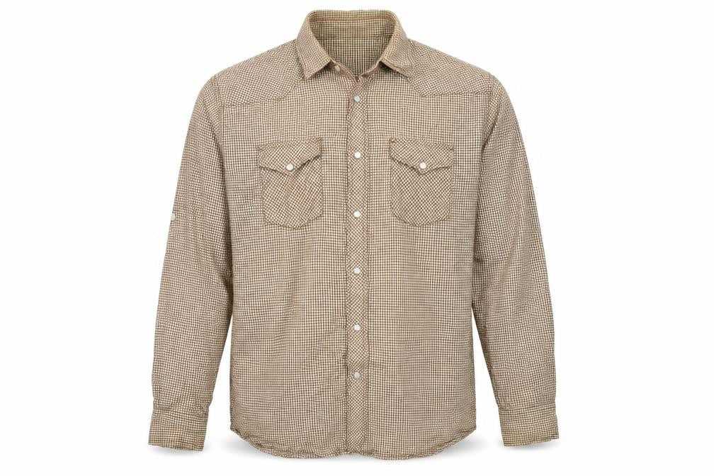 Front view of Matalan men’s brown check cotton button-up, size L, collared