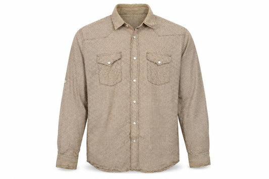 Front view of Matalan men’s brown check cotton button-up, size L, collared