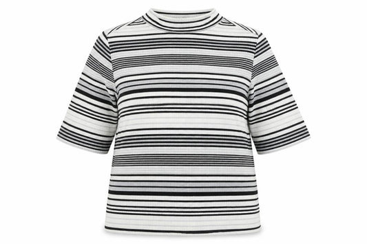 Front view of George women’s grey round neck striped polyester jumper, size UK 16