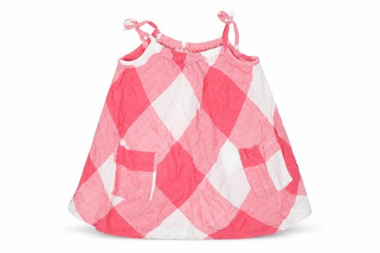 Front view of Matalan girls’ pink check viscose tank dress, size 9-12, months square neck