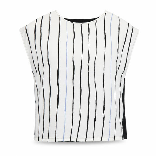Front view of Preworn women’s multicoloured striped polyester basic blouse, size UK 14, round neck