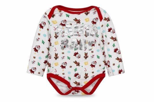 Front view of Pep&Co Baby White Cotton Leotard One-Piece, size 6-9, Months - Christmas