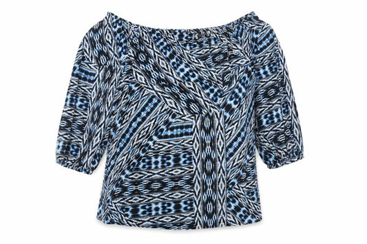 Front view of F&F women’s blue geometric polyester basic blouse, size UK 12, round neck