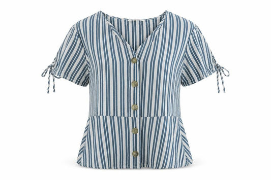 Front view of Springfield women’s blue striped cotton blend basic blouse, size UK 12, v-neck