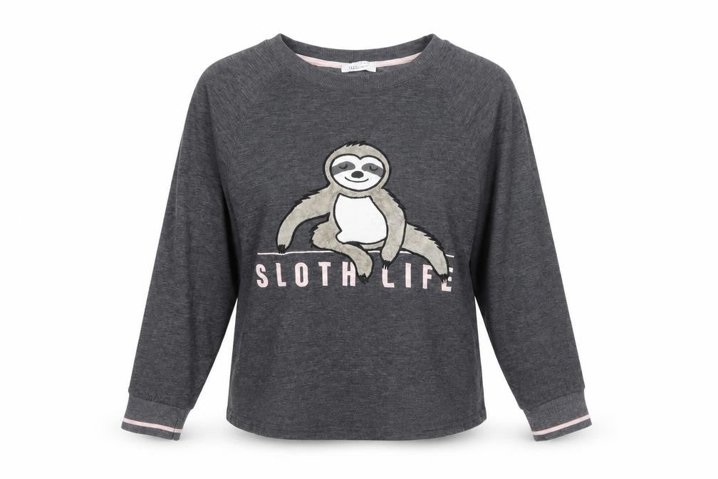 Front view of New Look women’s grey polyester top pyjama top, size M, - sloth