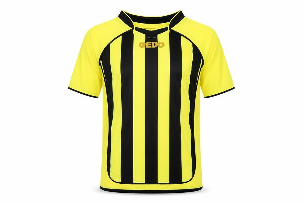 Front view of Gedo men’s yellow striped polyester basic t-shirt, size XS, v-neck