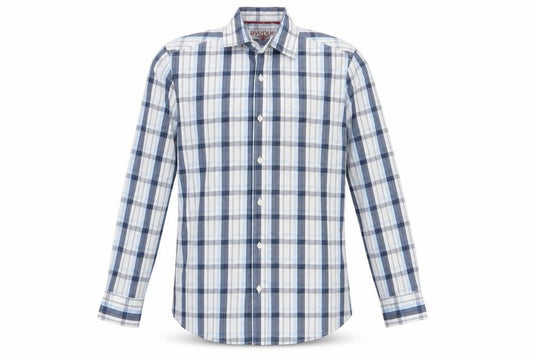 Front view of Avenue men’s blue check cotton button-up, size S, collared button