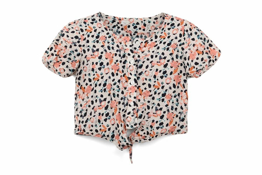 Front view of Next girls’ white animal print viscose basic button-up, size 9, years round neck button