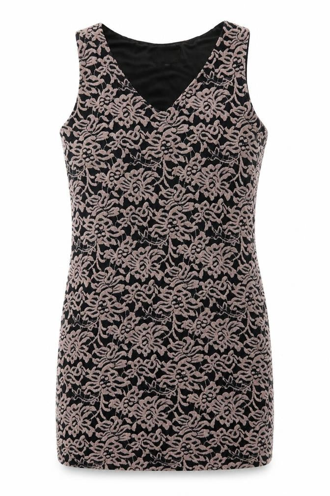Front view of Yumi women’s brown floral polyester mini, size M, v-neck pullover