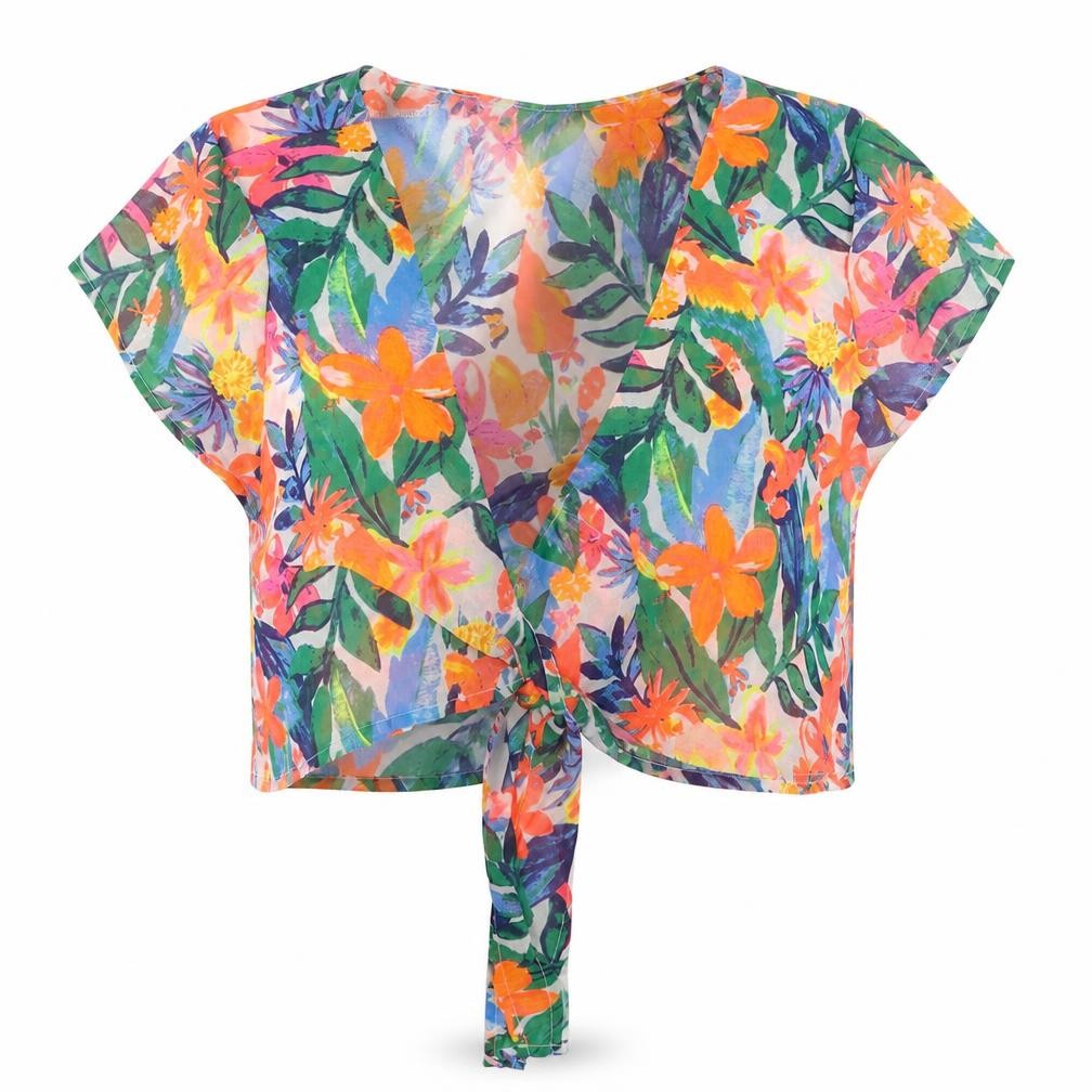 Front view of Primark women’s multicoloured floral polyester wrap blouse, size UK 10, v-neck