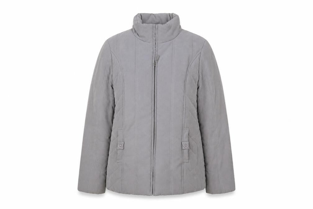 Front view of BHS women’s grey quilted coat, size UK 10, zip