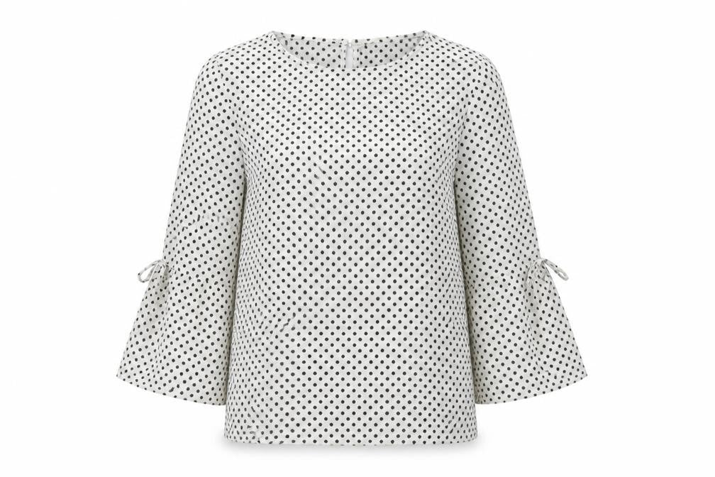 Front view of Papaya women’s white polka dot polyester basic blouse, size UK 12, round neck - bell sleeve
