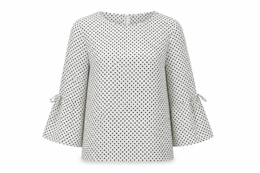 Front view of Papaya women’s white polka dot polyester basic blouse, size UK 12, round neck - bell sleeve