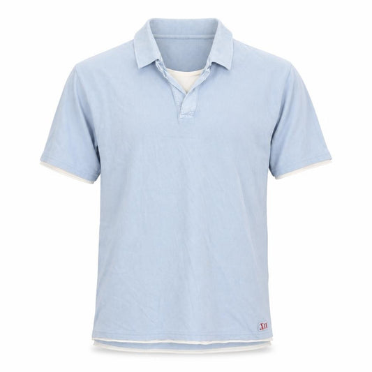 Front view of Lakeland men’s blue cotton polo, size M, collared