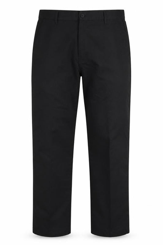 Front view of Dunlop men’s black polyester dress pants trousers, size 34, in, 27-inch leg regular button