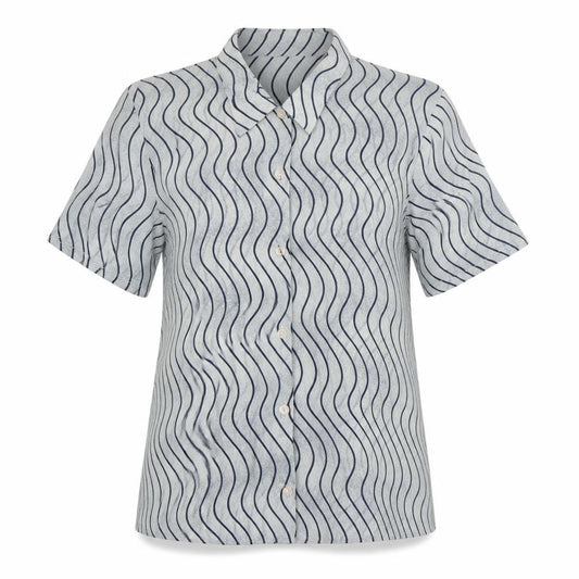 Front view of Preworn women’s grey striped polyester basic blouse, size UK 12, collared