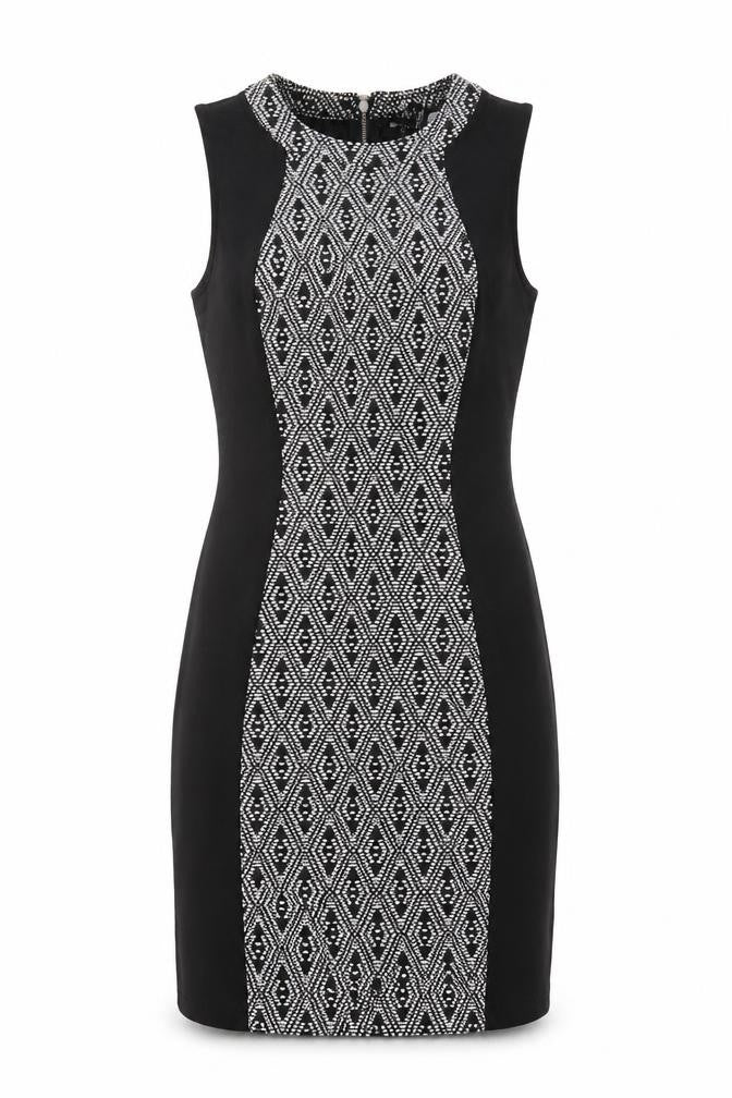 Front view of H&M women’s black argyle/diamond cotton sheath, size UK 6, round neck zip