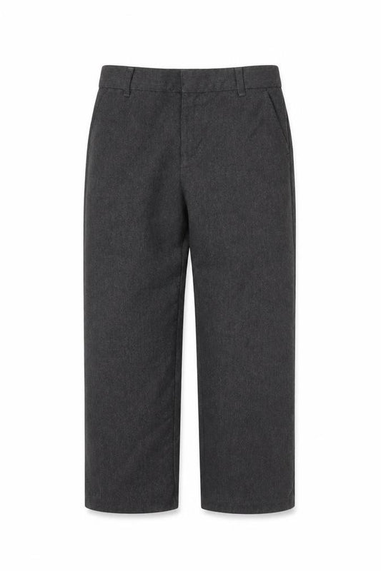 Front view of F&F boys’ grey viscose capri trousers, size 7, years, 21-inch leg regular zip