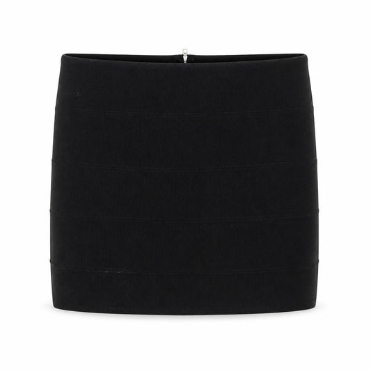 Front view of Preworn women’s black polyester bandage skirt, size UK 12, zip