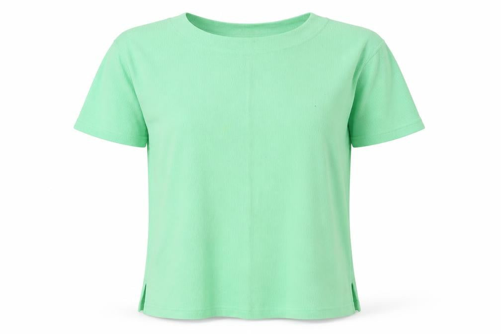 Front view of Joie De Vivre women’s green polyester basic t-shirt, size L, round neck