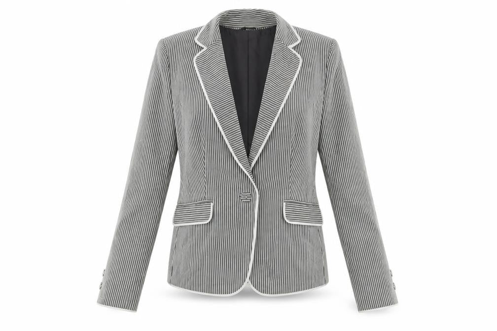 Front view of Debenhams women’s grey striped jacket blazer, size UK 10, button
