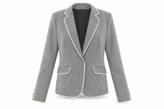 Front view of Debenhams women’s grey striped jacket blazer, size UK 10, button
