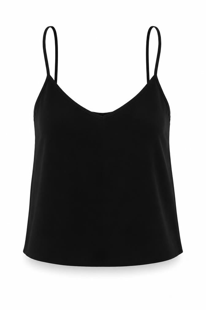 Front view of ASOS women’s black polyester cropped tank, size UK 8, v-neck