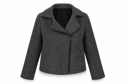 Front view of TU women’s black geometric jacket, size UK 14, zip