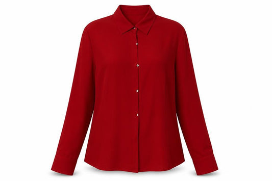 Front view of Debenhams women’s red polyester basic button-up, size UK 12, collared