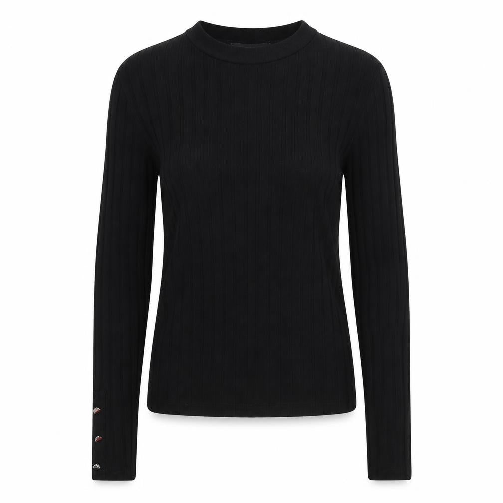 Front view of Primark women’s black round neck striped polyester jumper, size XS