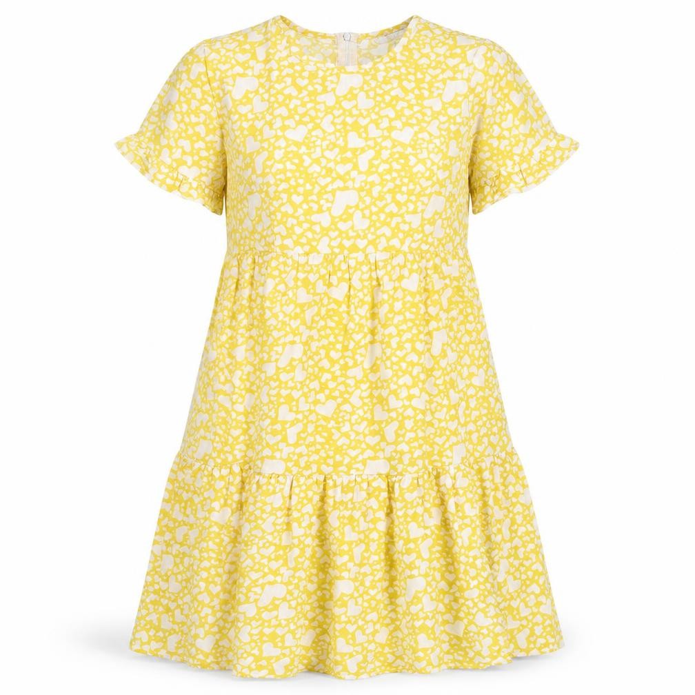 Front view of SHEIN women’s yellow geometric polyester fit & flare, size S, round neck - heart pattern
