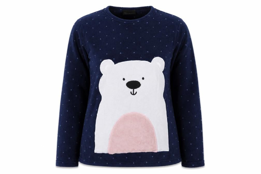 Front view of tramas women’s blue solid polyester top pyjama top, size S, - polar bear
